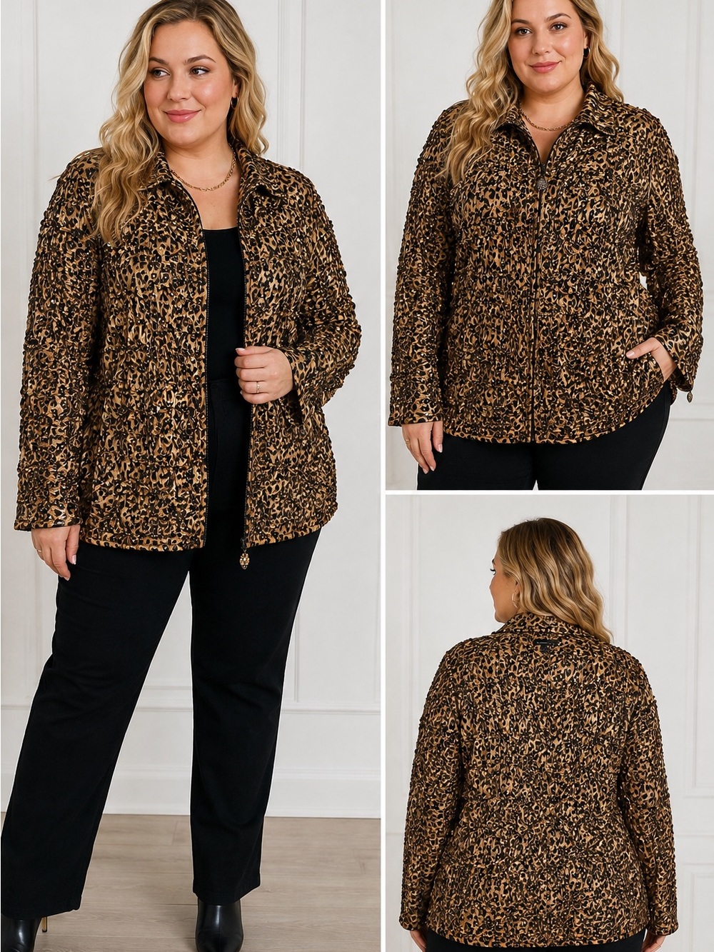 aDRESSing WOMAN 3X Leopard Print Sequin Ruched Zip Jacket Plus Size
